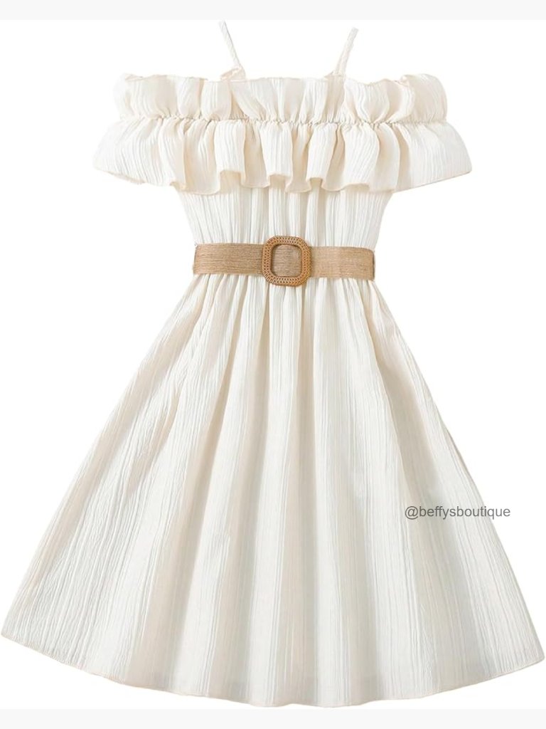 Girls Cold Shoulder Ruffle Trim A-Line Midi Dress With Belt